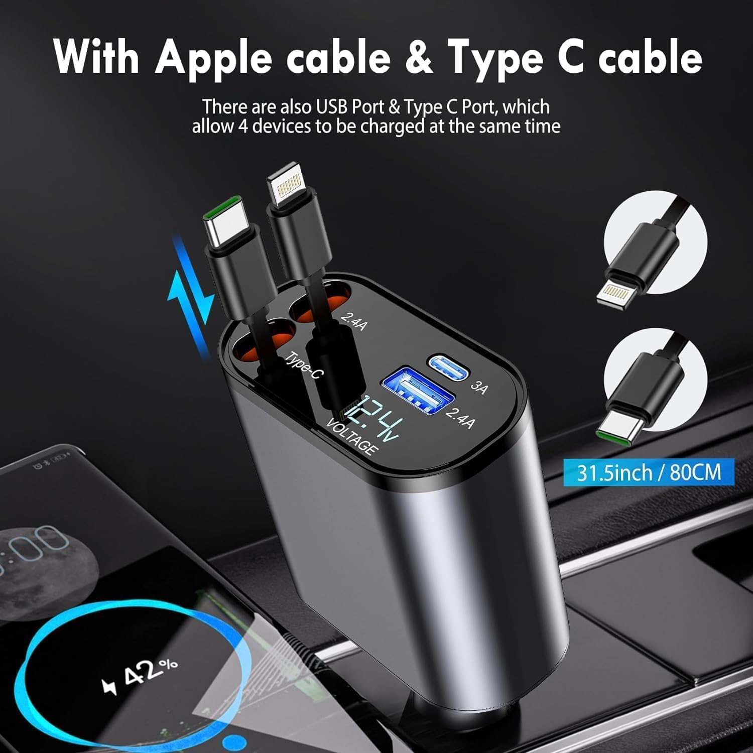 120W Retractable Fast Car Charger